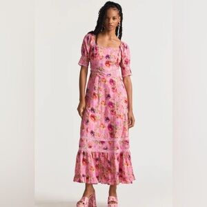 LoveShackFancy Mariata Floral Lace Trim Maxi Dress in Pink Size 4